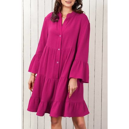 Rose Crinkled Tiered Split Neck Shirt Dress