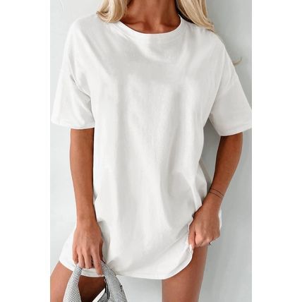 White Solid Color Round Neck Basic Tunic T Shirt