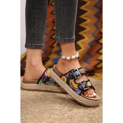 Black Paisley Print Double-Buckle Wedge Slippers