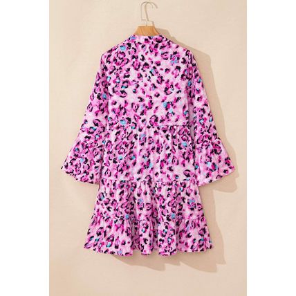 Rose Leopard Print Buttoned Front 3/4 Sleeve Tiered Ruffled Hem Dress
