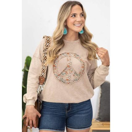 Pale Khaki Floral Peace Sign Graphic Washed Terry Plus Size Sweatshirt