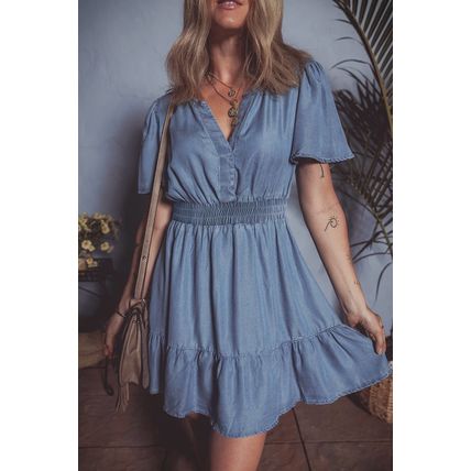 Ashleigh Blue Ruffled V Neck Smocked High Waist Denim Mini Dress
