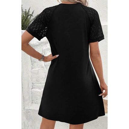 Black Contrast Lace Raglan Sleeve Pleated Detail Shift Dress