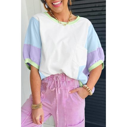 White Color Block Patchwork Half Sleeve Oversized T Shirt