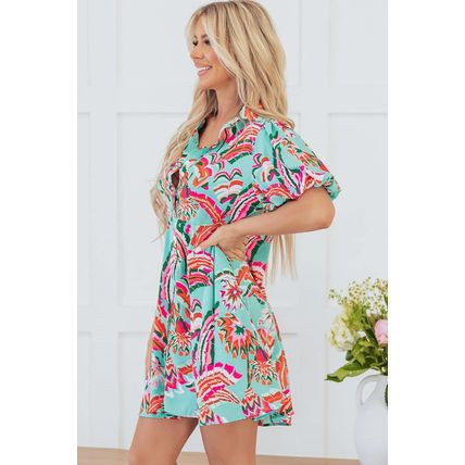 Green Abstract Print Lace-up High Waist Buttoned Mini Dress