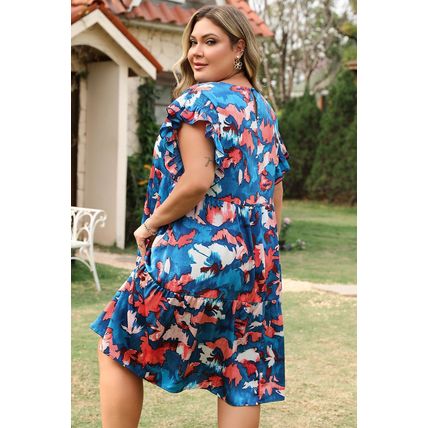 Blue Abstract Print Shirred Ruffled Short Sleeve Tiered Plus Size Mini Dress
