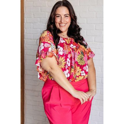 Rose Plus Size Floral Print Ruffle Short Sleeve Blouse