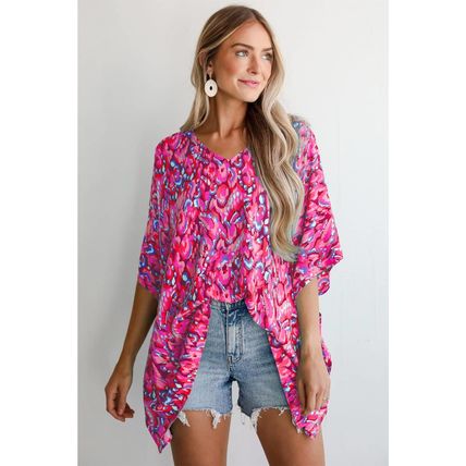 Pink Abstract Print V Neck Half Sleeve Loose Fit Tunic Blouse