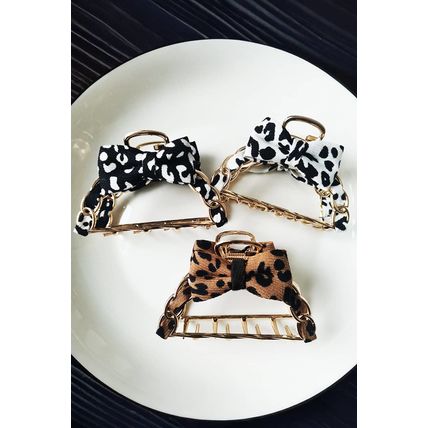 Camel Leopard Print Bow Decor Alloy Hair Claw Clip