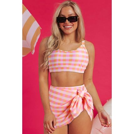 Pink 3pcs Gingham High Waist Bikini & Sarong