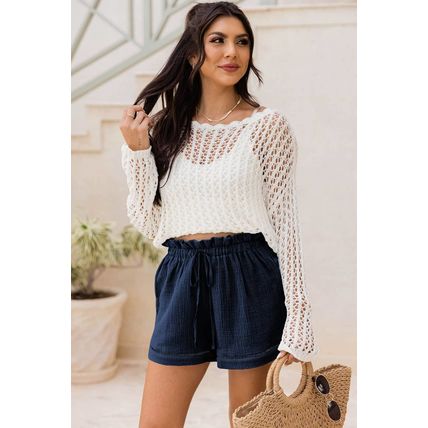 Blue Cotton Gauze Paperbag Shorts