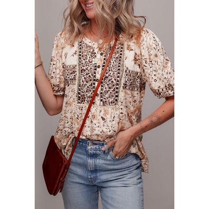 Khaki Boho Floral Print Half Placket Short Sleeve Loose Blouse