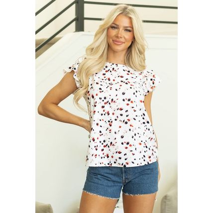 Beige Abstract Print Ruffle Flutter Sleeve Keyhole Back Slim Blouse