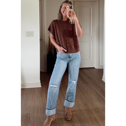 Dark Brown Cable Texture Crew Neck Short Sleeve Sweater Top