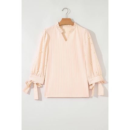 Pink Stripe Bow Knot Cuff Pearl Embellished Puff Sleeve V Neck Blouse