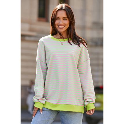 Green Stripe Contrast Ribbed Trim Crossed Stitch Drop Shoulder Sweatshirt