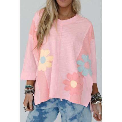 Pink Flower Patched Exposed Seam Bracelet Sleeve Oversized T Shirt