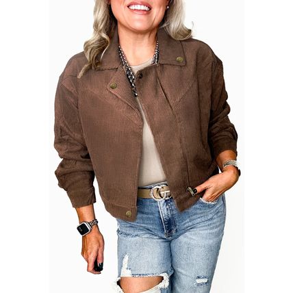 Dark Khaki Button Zip Up Lapel Collar Corduroy Jacket