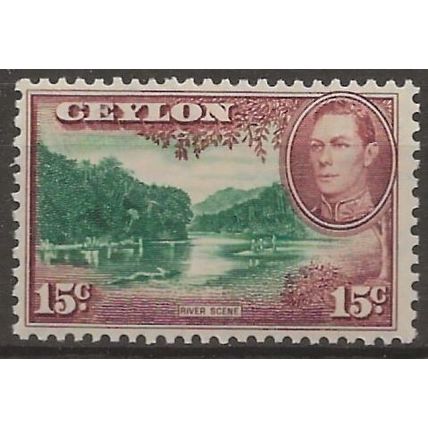 Ceylon 1945 SG390a 15c Green & Red-Brown Wmk Upright Mounted Mint .