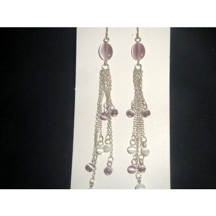 Delicate 3.5" base metal chain purple & white cats eye long dangle earrings