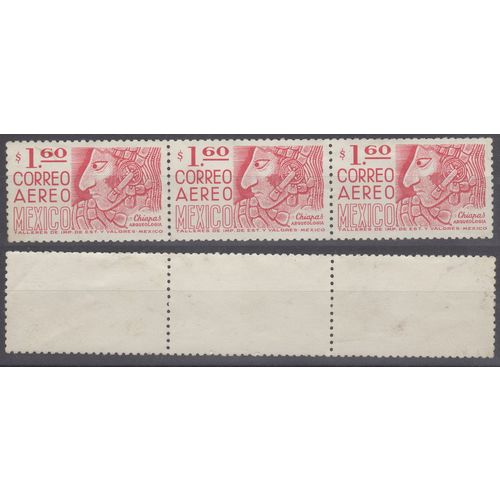 Mexico 1975, $1.20 "Chiapas bas-relief" Air Post horiz strip-3. Scott #C446 MNH.