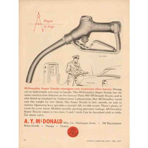 A Y MCDONALD MFG COMPANY 1957 McDonalloy Super Nozzle gas vintage ad