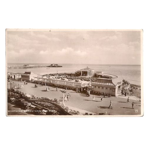 BANDSTAND and PIER, WORTHING, SUSSEX used vintage postcard RP 1938 pm =