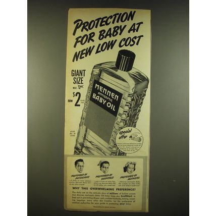 1944 Mennen Antiseptic Baby Oil Ad - Protection for baby at new low cost