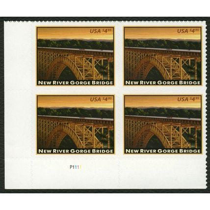 New River Gorge Bridge $4.95 Priority Mail Plate Block of Four Stamps Scott 4511
