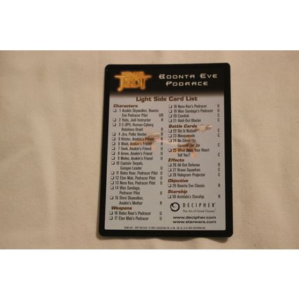 2001 Star Wars Young Jedi Boonta Eve Podrace LIGHT SIDE CHECKLIST