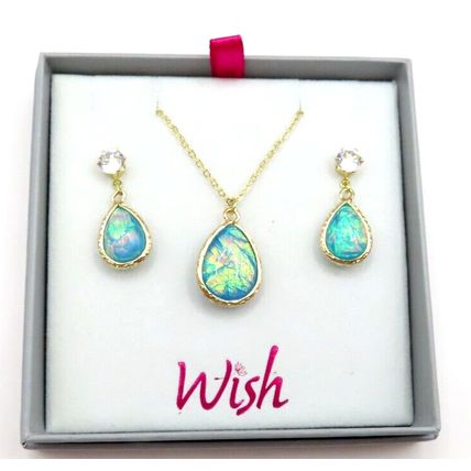 Blue Opalescent Drop & Necklace with Drop Earrings Set Gold Coloured Gift