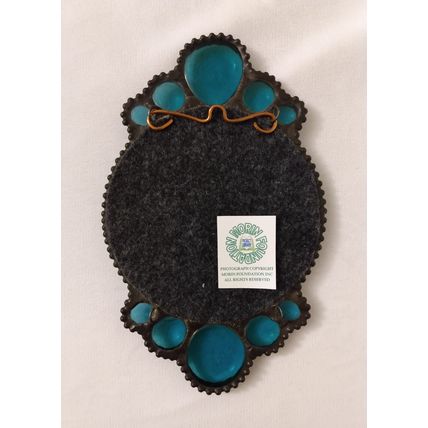 SMALL DECORATED METAL FRAMED MIRROR WITH TEAL GLASS STONES