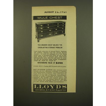 1961 Lloyds Furniture Advertisement - Mule Chest Ten Drawer Chest
