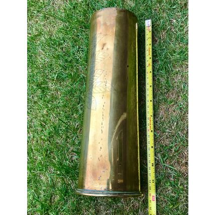 World War One trench Art vase brass shell has floral decoration dated 1916 1917