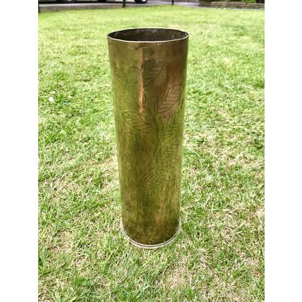 World War One trench Art vase brass shell has floral decoration dated 1916 1917