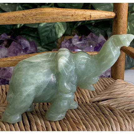 Vintage Green Jade Stone Hand Carved Elephant Figurine Lucky Statue 5" 255g