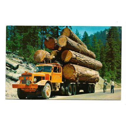 Postcard USA CA California logging truck lorry heavy load tree trunks 1970s ?