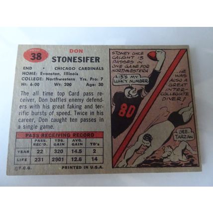1957 Topps Football Card # 038 Don Stonesifer Very Good (3) Chicago Cardinals