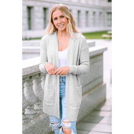 Beige Thermal Waffle Knit Pocketed Cardigan