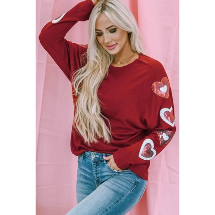 Red Sequined Heart Printed Sleeves Valentine Fashion Top