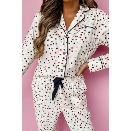 White Contrast Pipping Star Long Sleeve and Pants Pajamas Set