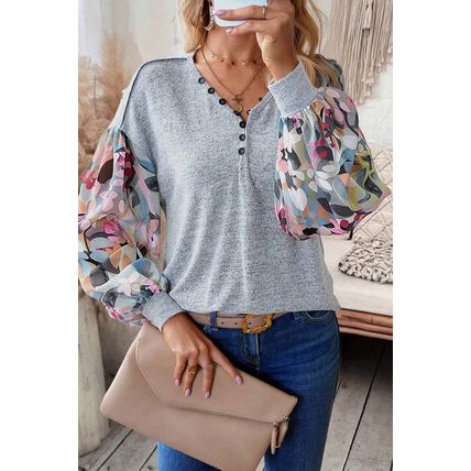 Gray Floral Lantern Sleeve Patchwork Buttoned V Neck Top