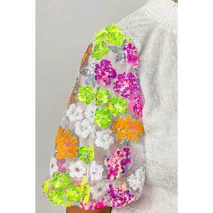 White Smocked Collar Sequin Flower Puff Sleeve Textured Top