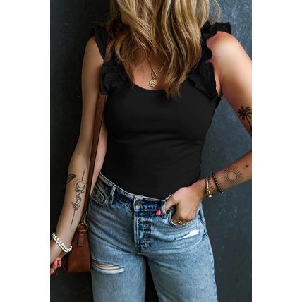 Black Ruffled Wide Straps Slim Tank Top