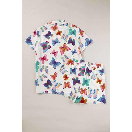 Multicolour Butterfly Pattern Short Sleeve Shirt Pajamas Set