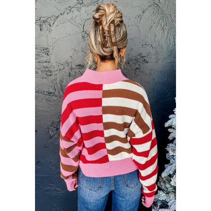 Pink Stripe Color Block High Neck Drop Shoulder Loose Sweater