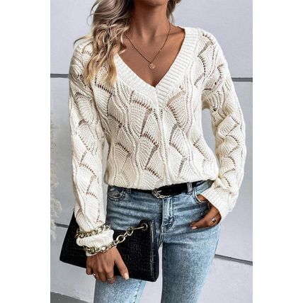 Beige Hollow Out Knit V Neck Drop Shoulder Sweater