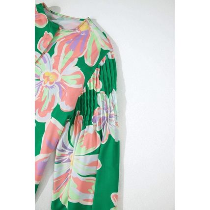 Green Floral Print Button up Pleated Puff Sleeve Loose Shirt