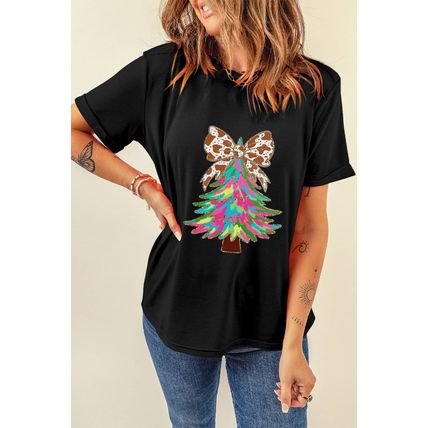Black Heat Transfer Printing Christmas Tree Bowknot T-Shirt
