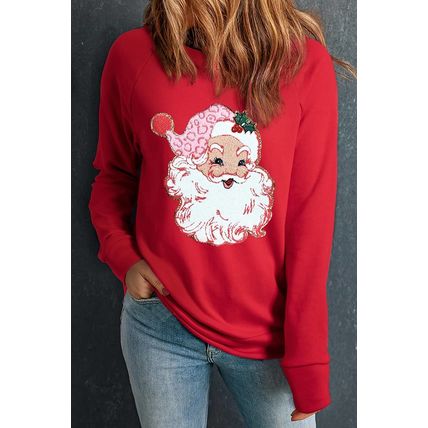 Red Santa Claus Graphic Crewneck Raglan Sleeve Christmas Sweatshirt